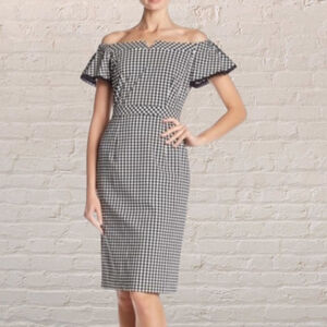 Nanette Lepore Cheeky Black & White Gingham Off-Shoulder Midi Dress 14